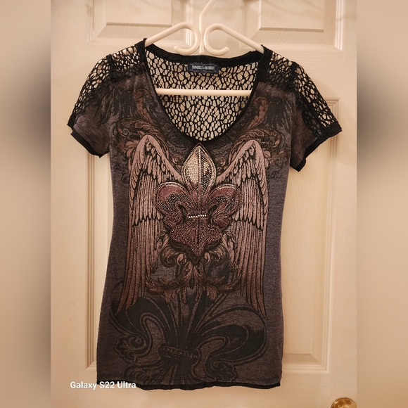 Ed Hardy Tops - Cowgirls & Dimonds Women's Gray and Black Graphic Tee